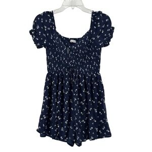 Y2K Hollister Navy Blue Floral Smocked Romper Medium Girly Coquette Peasant Chic